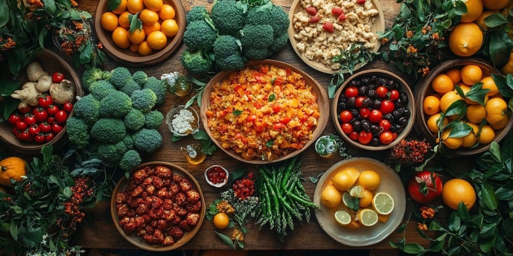 aliment sains sur une table en bois symbole de l'equilibre acido basique