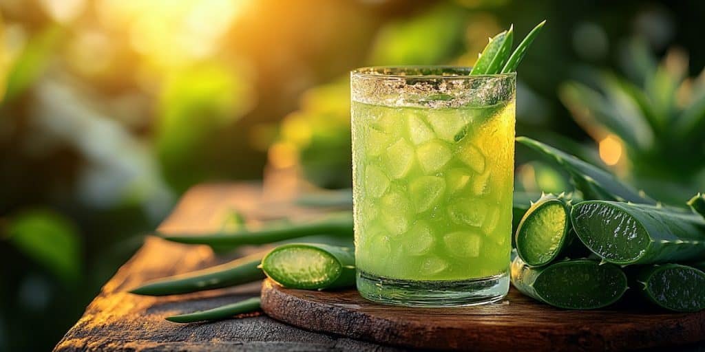 Un verre transparent rempli de jus d'aloe vera sur une table en bois rustique, entouré de feuilles fraîches d'aloe vera et baigné d'une lumière naturelle douce. Une ambiance sereine et rafraîchissante, mettant l'accent sur le bien-être et la nature, avec une légère lueur verte reflétant santé et vitalité.