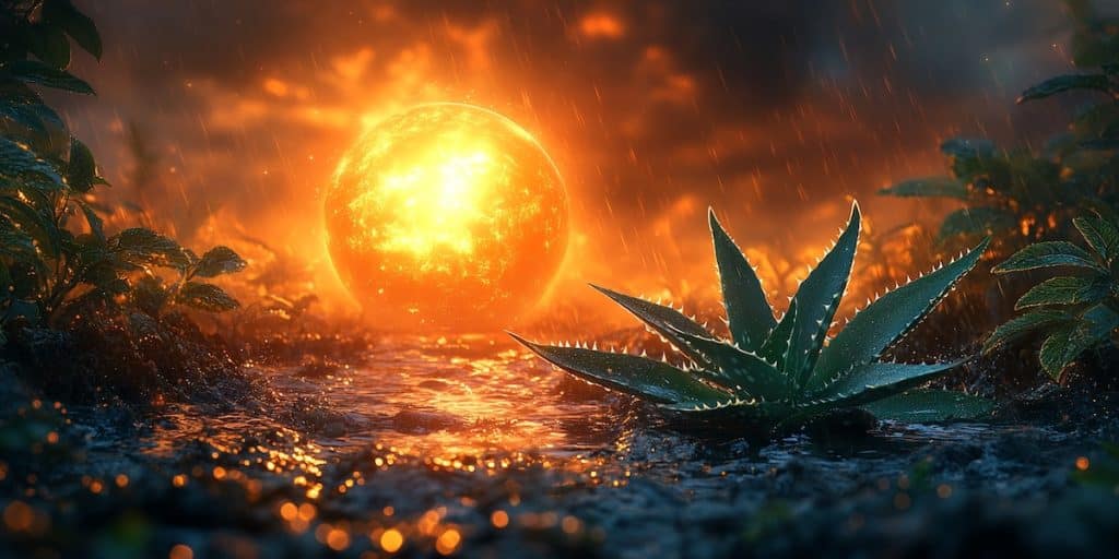 Une illustration symbolique de feuilles d’aloe vera s’entrelacent avec une planète Terre lumineuse, mettant en avant la durabilité et l’harmonie avec la nature, tons verts et bleus doux, design épuré