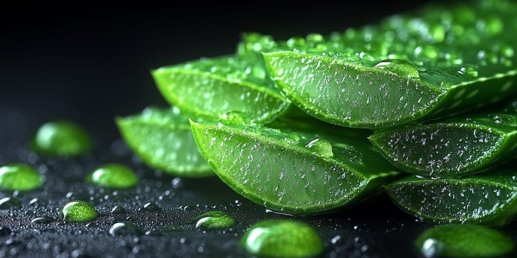 Feuilles d'aloe vera éclatantes, ouvertes pour révéler un système digestif stylisé à l'intérieur, symbolisant la connexion entre la plante et le bien-être intestinal, style moderne et lumineux.