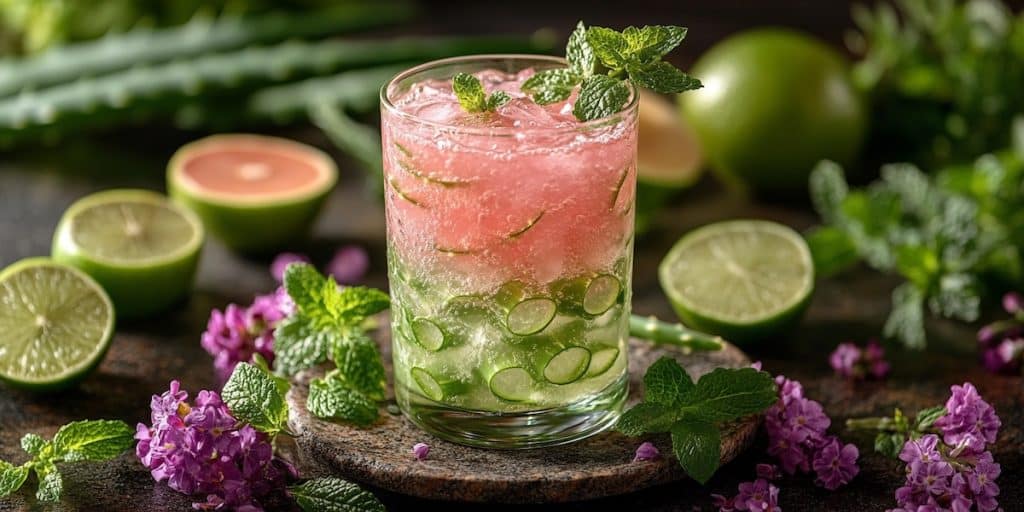 Un verre de gel d'aloe vera à boire au centre, avec des courbes douces représentant la fluidité de la digestion, entouré de plantes et de fruits dans un style réaliste et vibrant.