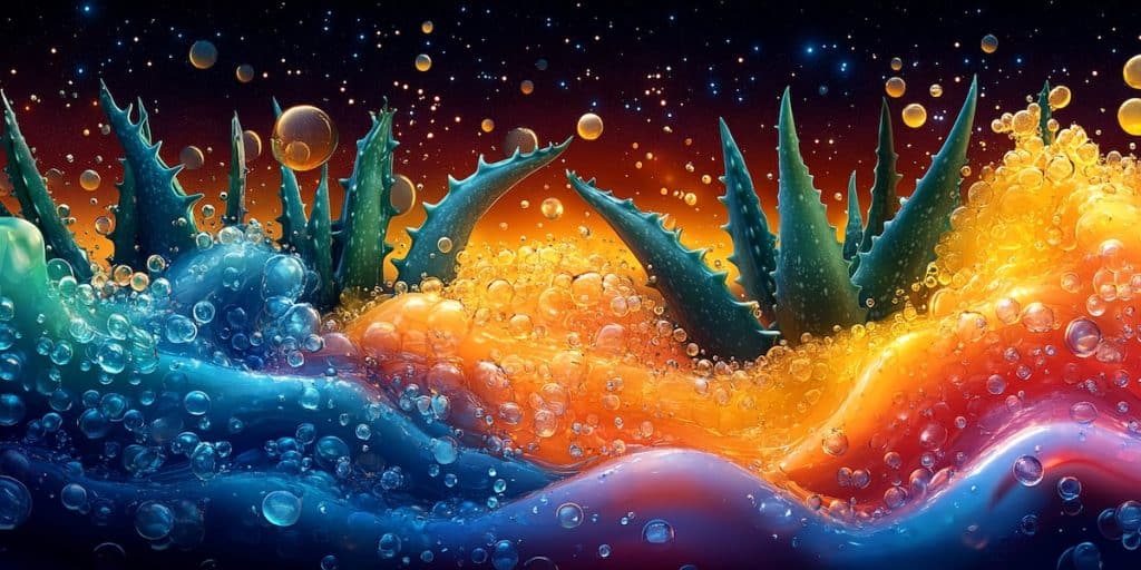 Illustration des enzymes digestives en action : des formes abstraites et vibrantes décomposant des molécules alimentaires, avec des feuilles d’aloe vera en arrière-plan, représentant une aide naturelle à la digestion, dans un style à la fois scientifique et artistique.