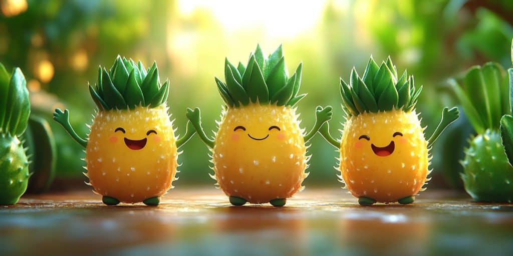 Des bonnes bactéries anthropomorphiques avec des coiffure d'aloe vera dansant joyeusement , style cartoon joyeux et dynamique, fond coloré