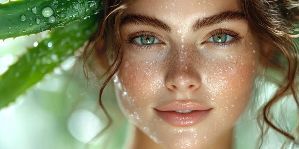 Une femme rayonnante avec une peau éclatante et hydratée, éclairage doux et tons naturels, entourée de feuilles d’aloe vera et de gouttes d’eau, beauté éthérée, ambiance minimaliste et relaxante