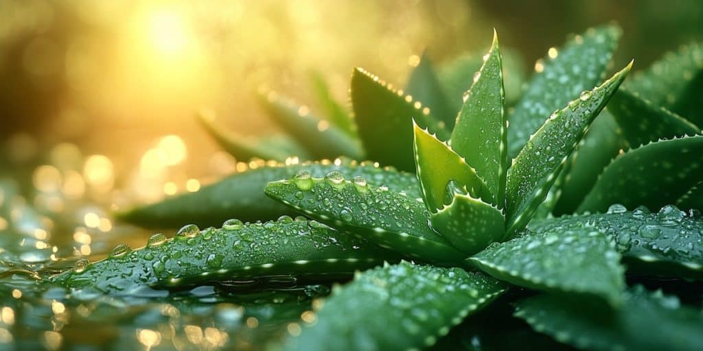 plante d'aloe vera avec des gouttes de rosé