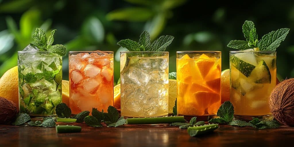 Une rangée de boissons naturelles sur une table (eau de coco, jus verts, eau infusée aux fruits), avec un verre de gel d’aloe vera au centre qui brille d’un éclat particulier – style hyperréaliste, focus sur le contraste