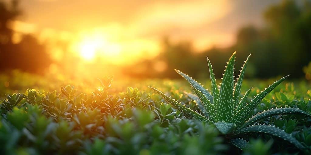 Éclat lumineux émanant d’une feuille d’aloe vera stylisée, symbolisant la vitalité, l’équilibre et le bien-être dans un style artistique épuré