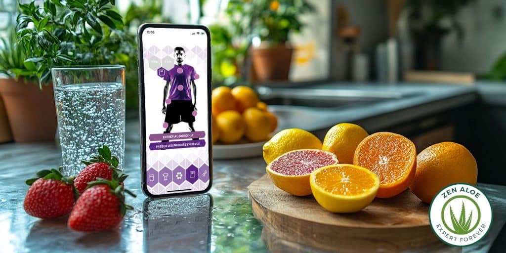 app forever fit sur téléphone posée sur plan de travail de la cuisine