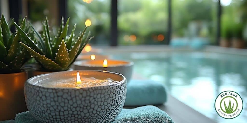 bougie et plant d'aloe vera au bord d'une piscine au spa