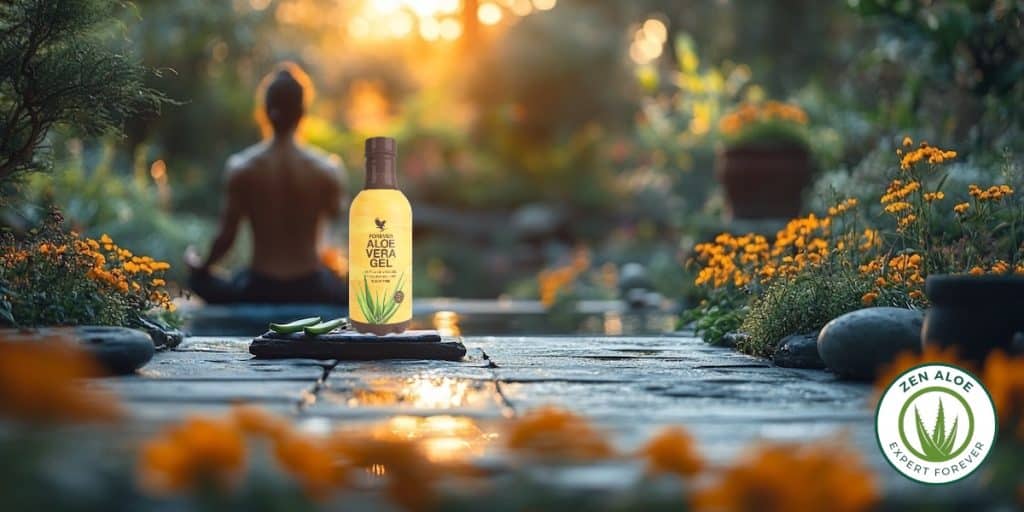 bouteille d'aloe vera gel avec une jeune femme qui medite en arrrière plan