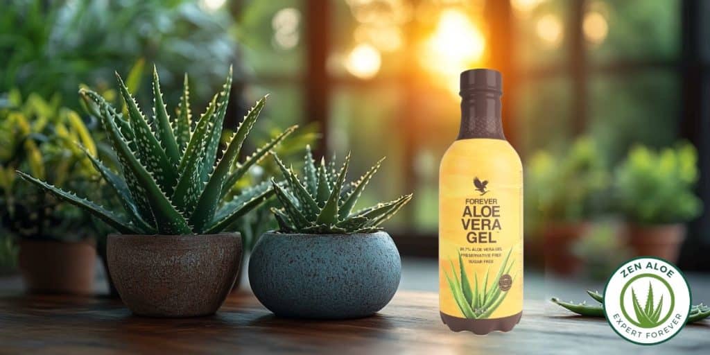bouteille d'aloe vera sur une table a coté d'un plant d'aloès