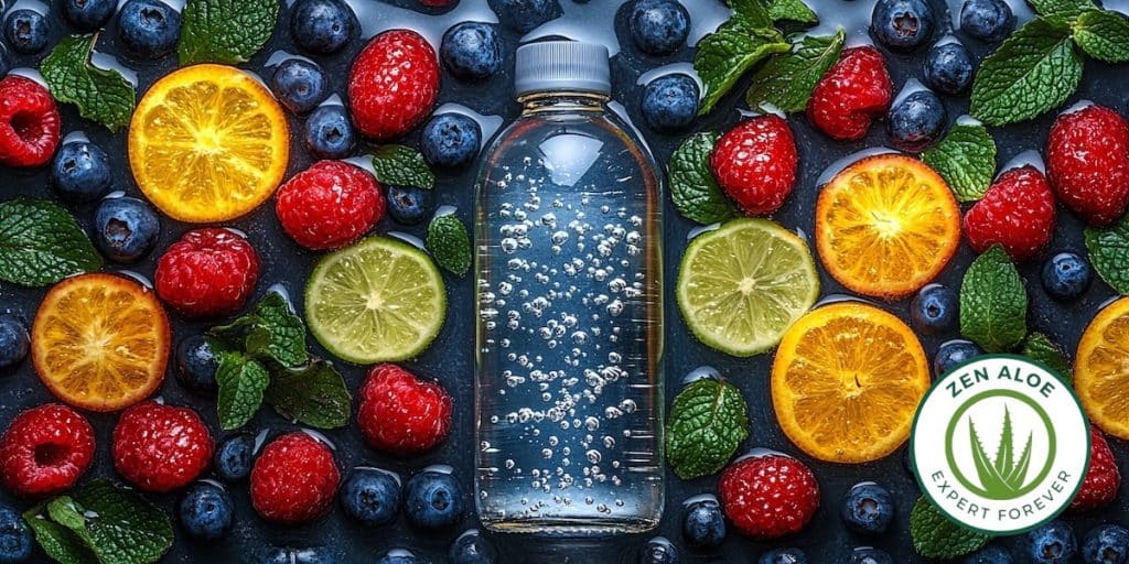 bouteille d'eau entourée de fruits