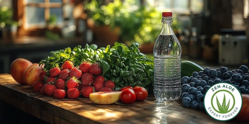 bouteille d'eau sur le plan de travaille d'une cuisine entourée de fruits et légumes