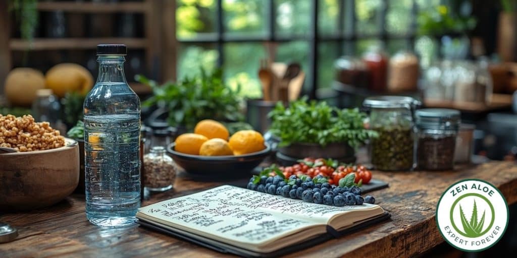 bouteille d'eau sur une table de cuisine