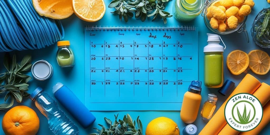 calendrier au milieu de fruit legume et bouteille d'eau