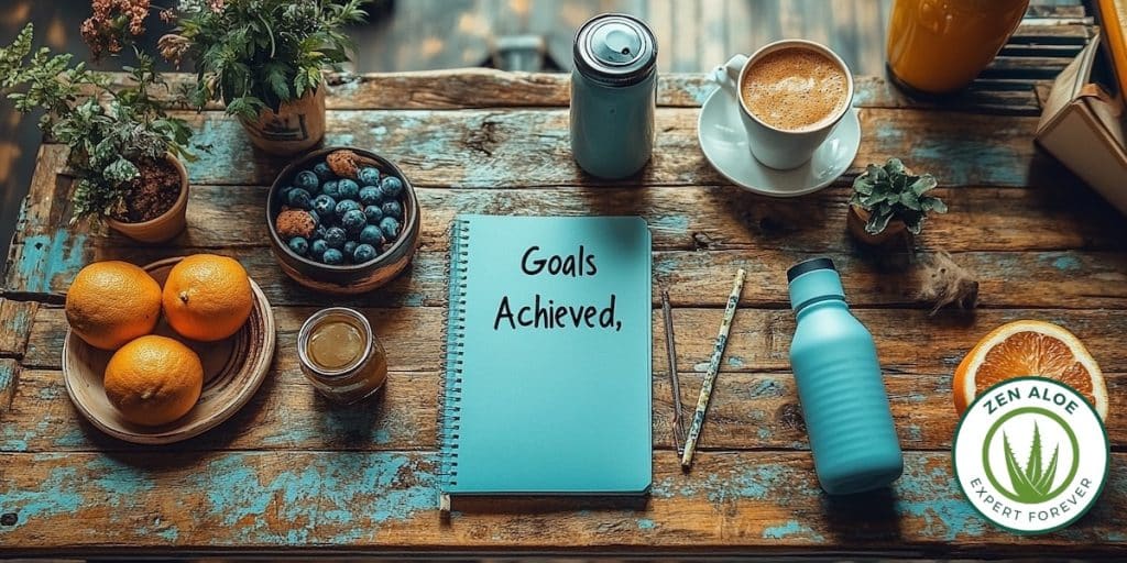 carnet goals achived posé sur une table a coté d'une tasse de café