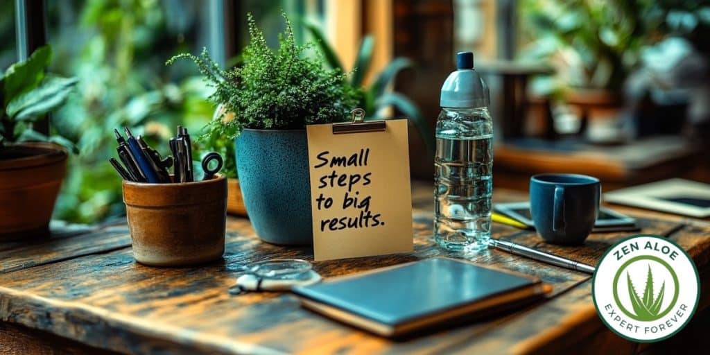 carte sur un bureau avec ecrit small steps to big results
