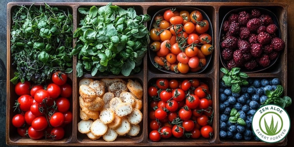 compartiment en bois carré avec des legume en morceaux