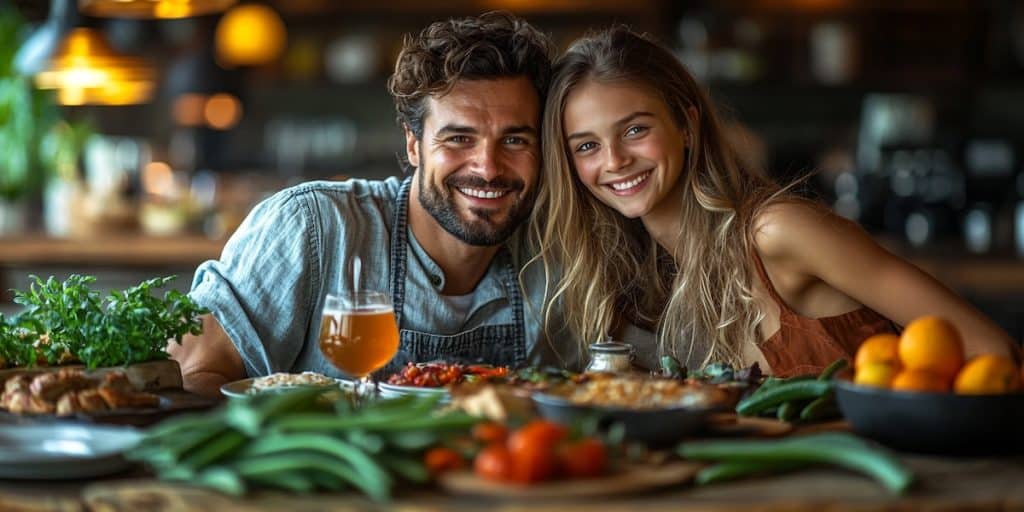 Une famille heureuse prenant le petit-déjeuner, dégustant un verre de gel d’aloe vera, dans une cuisine lumineuse et tropicale, fruits frais et feuilles d’aloe sur la table, ambiance chaleureuse et joyeuse