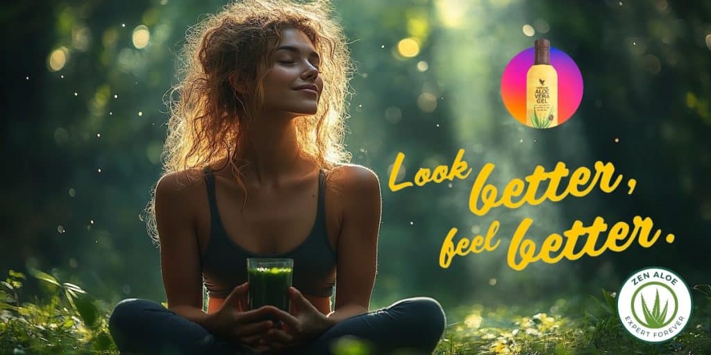 femme en tailleur qui bois un jus verre avec de l'aloe vera apres une seance de yoga