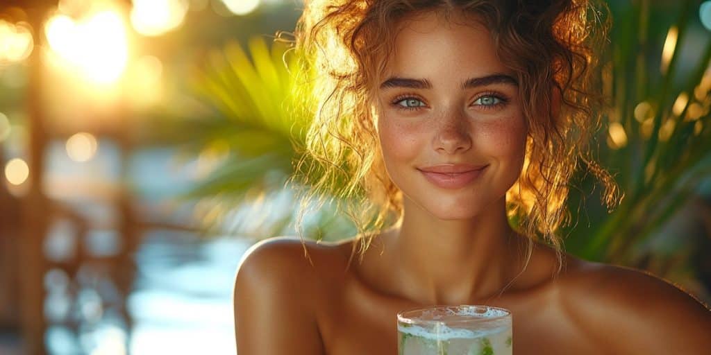 Femme au teint lumineux en train de boire une boisson à l’aloé vera