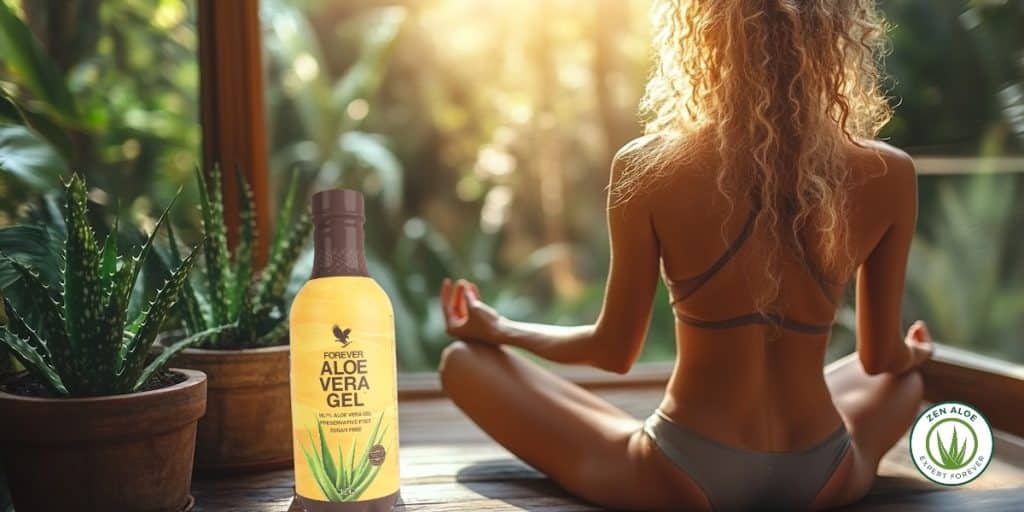 femme qui medite a coté d'un verre de gel d'aloe vera a boire