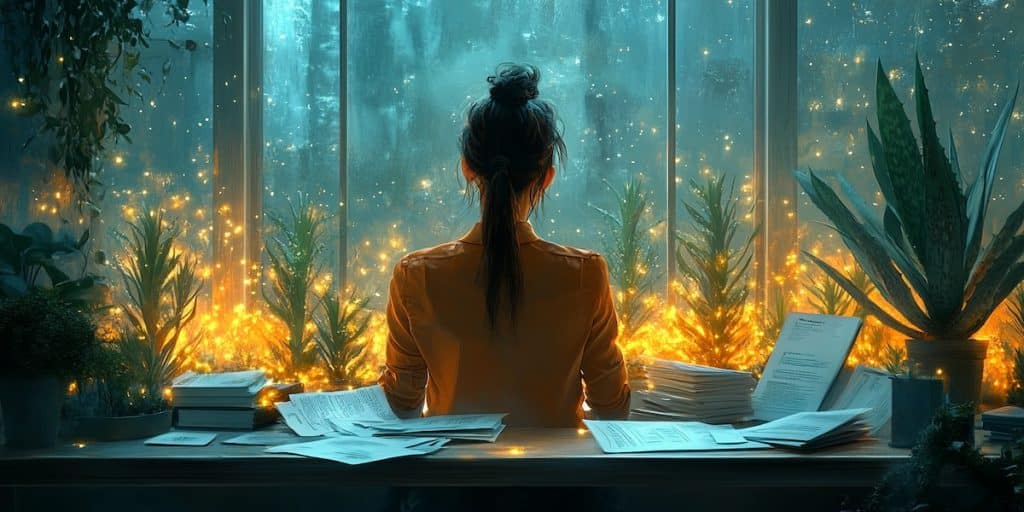 femme tres occupée a son bureau le soir