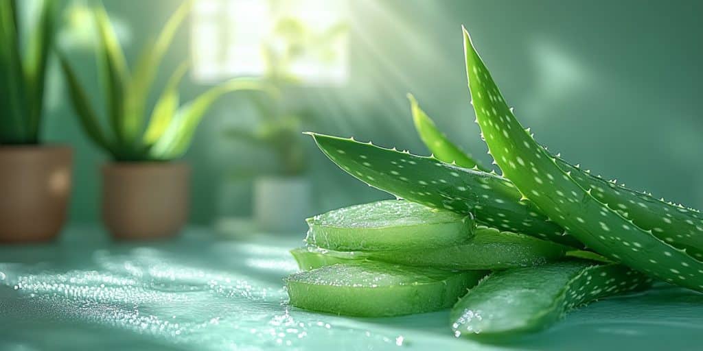 Feuille d’aloé vera ouverte, laissant couler du gel brillant, mise en scène artistique avec fond minimaliste et lumineux