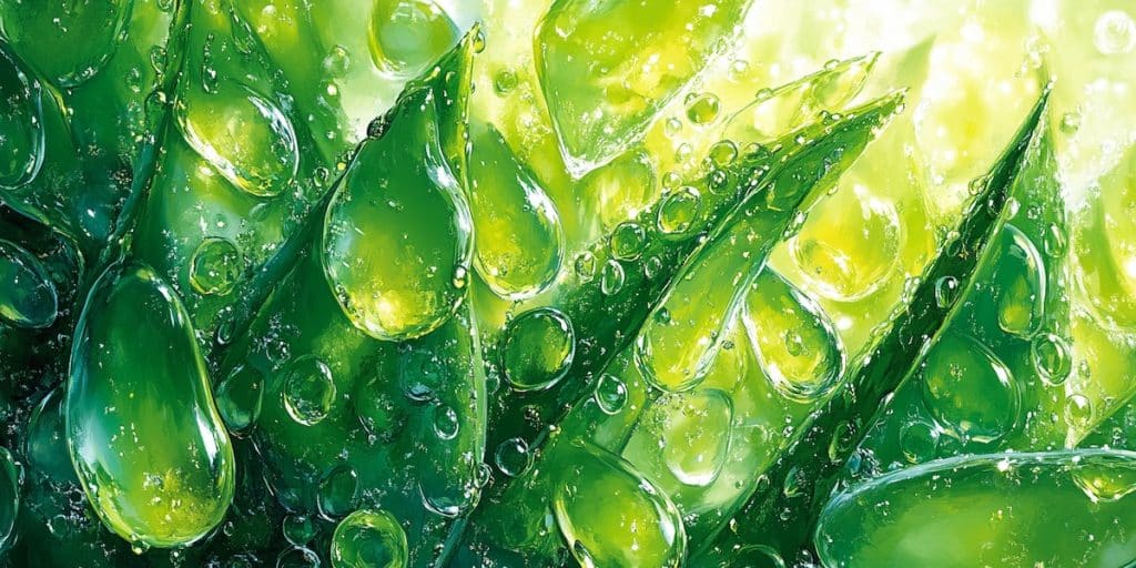 Une représentation artistique de molécules d’eau absorbées par des cellules d’aloe vera vibrantes et vertes, esthétique scientifique futuriste, avec des reflets lumineux