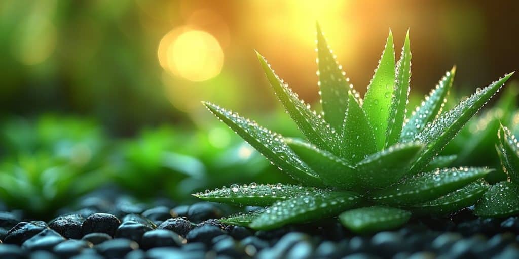 gros plan sur un jeune plant d'aloe vera planté au milieu de galet noire