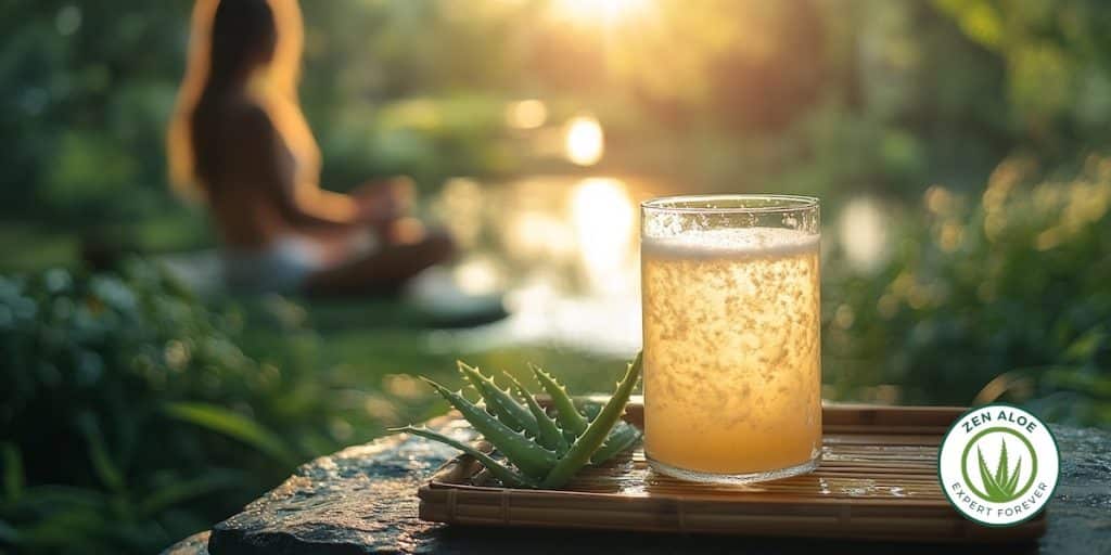 gros plan sur un verre d'aloe vera avec une femme qui medite en arriere plan flou
