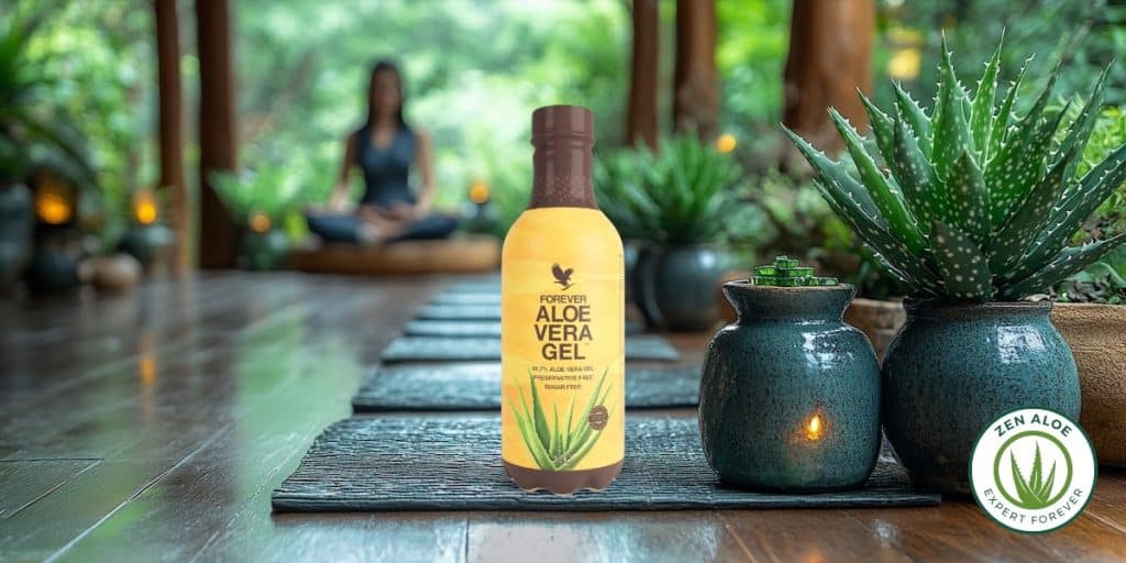gros plan sur une bouteille de gel d'aloe vera forever avec une femme qui medite derrière en plan flou