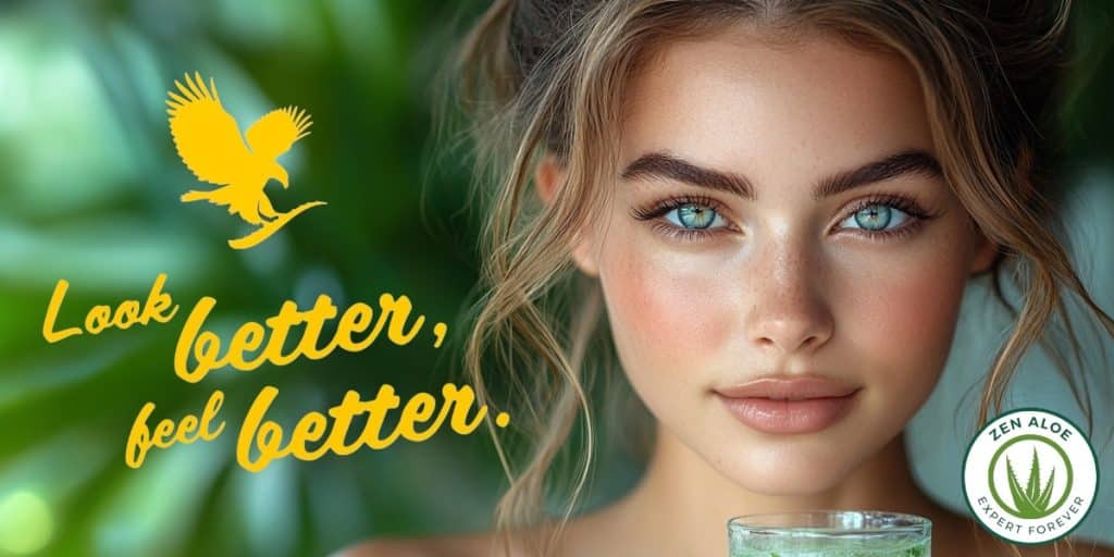 gros plan visage de femme souriante qui bois aloe vera