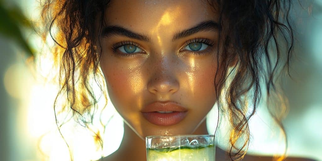 Portrait d’une femme buvant un gel d’aloé vera légèrement trouble dans un verre, lumière naturelle et peau éclatante