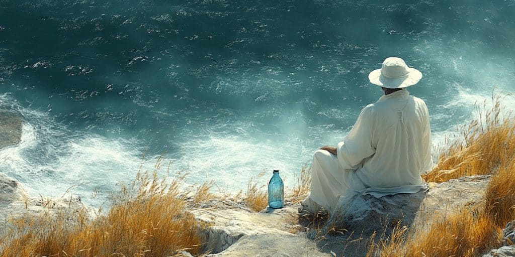 homme au bord de la mer avec une bouteille d'eau