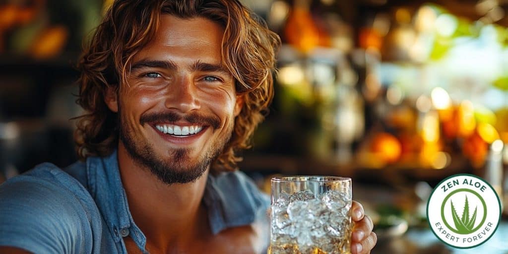 homme souriant qui boit un verre de gel d'aloe vera