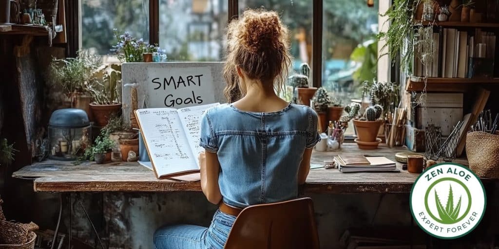 jeune femme assise a son bureau avec ecrit sur le mur du bureau smart goals