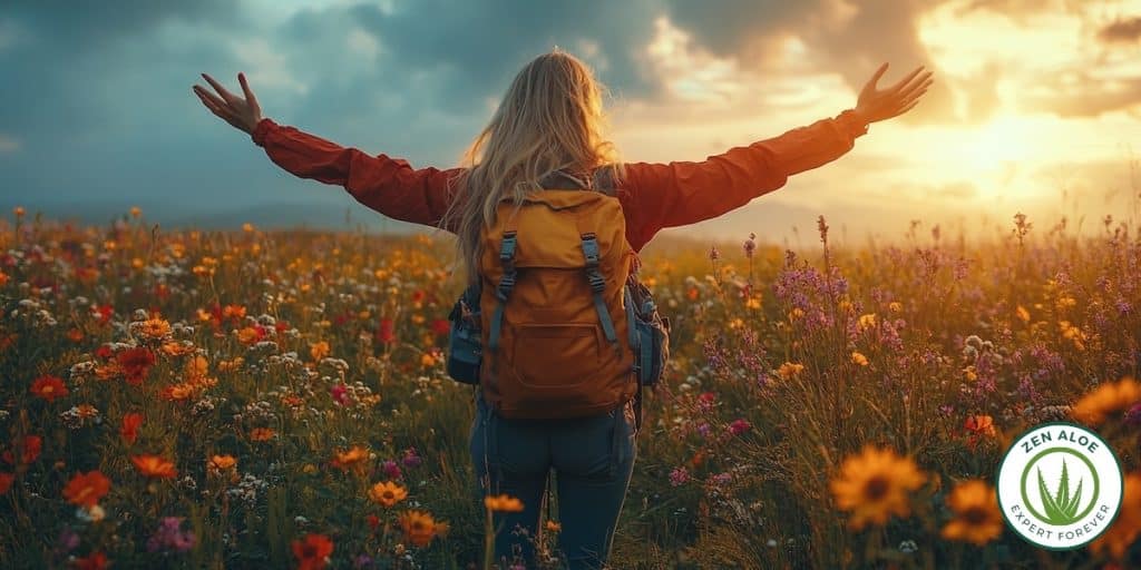 jeune femme de dos avec un sac a dos dans une prairie fleurie