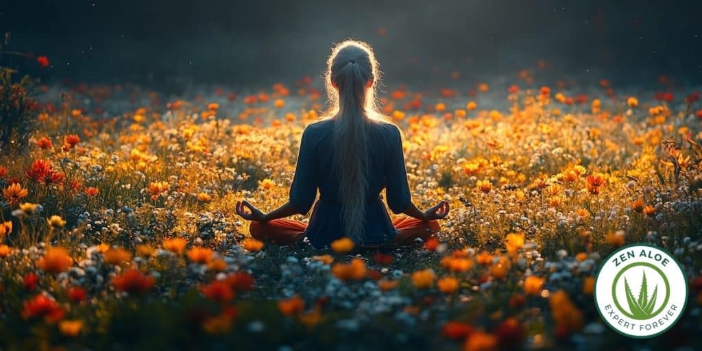 jeune femme de dos qui médite dans un champs de fleur