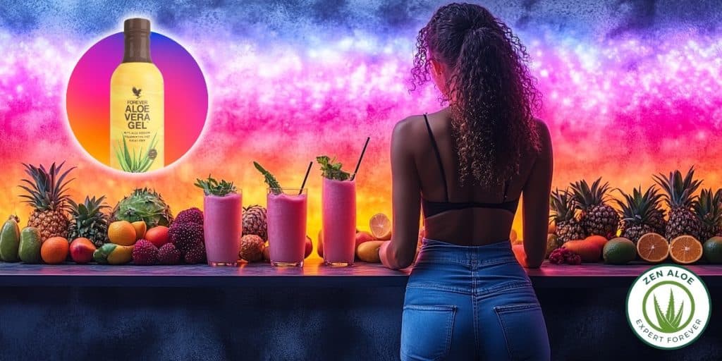 jeune femme de dos qui preÌpare des smoothie a l'aloe vera