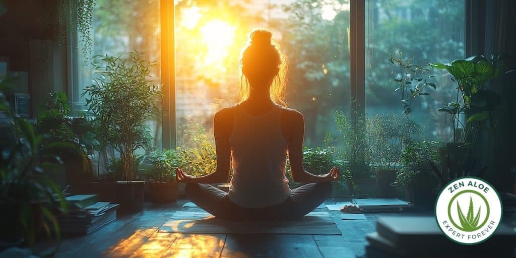 jeune femme en tailleur qui médite devant la fenêtre de son salon au levé du soleil