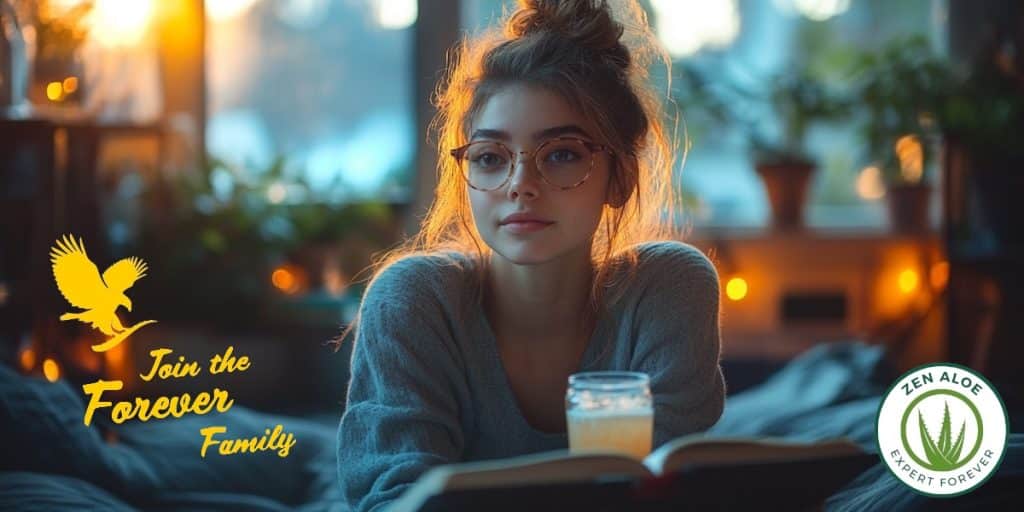jeune femme etudiante qui lis en buvant du gel d'aloe vera forever