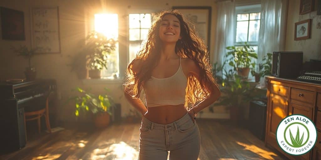 jeune femme joyeuse qui danse dans son salon
