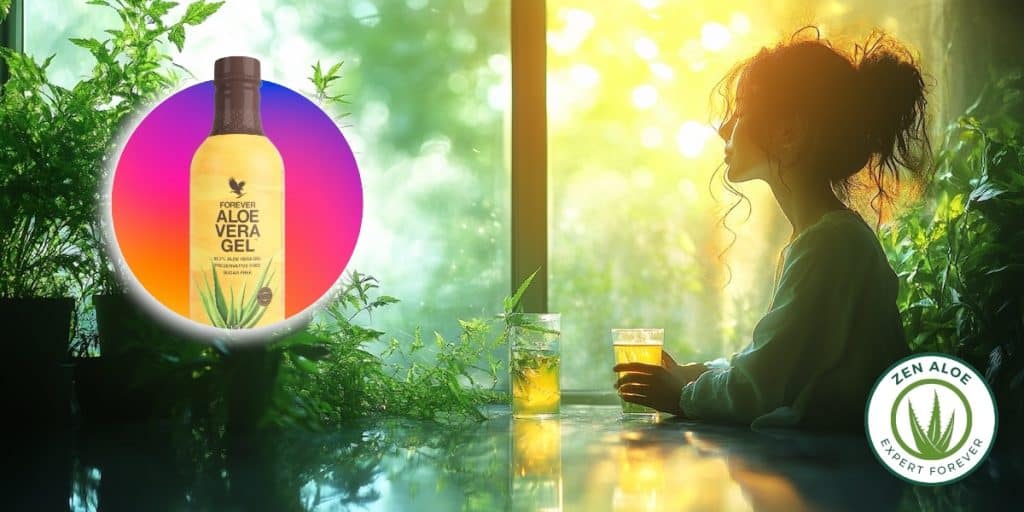 jeune femme qui boit un verre de gel d'aloe vera pres de la fenetre au leve du soleil