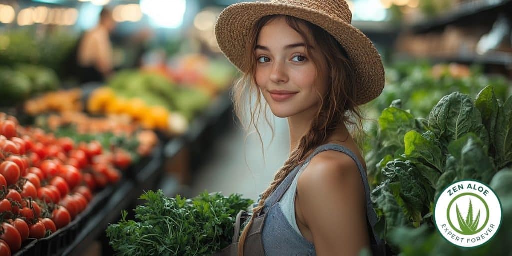 jeune femme qui fais ses courses dans le rayon fruits et leÌgumes