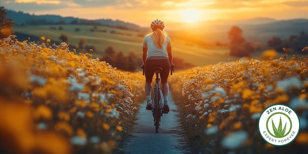 jeune femme qui fait du velo vu de dos sur un chemin fleuri