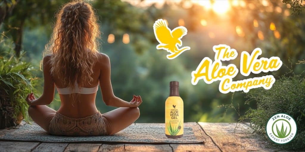 jeune femme qui medite a coté d'une bouteille d'aloe vera