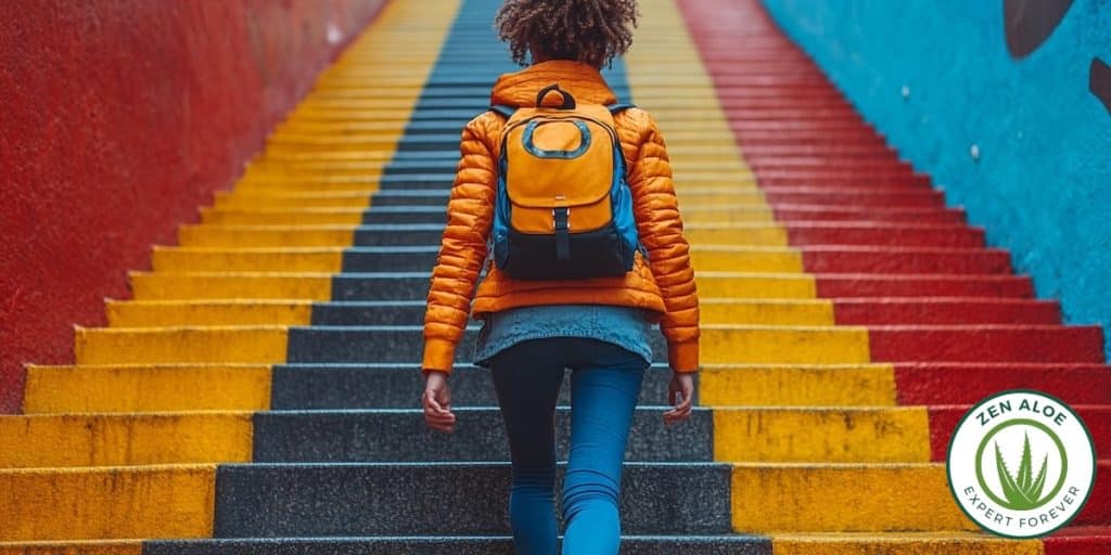 jeune femme qui monte des escalier coloré