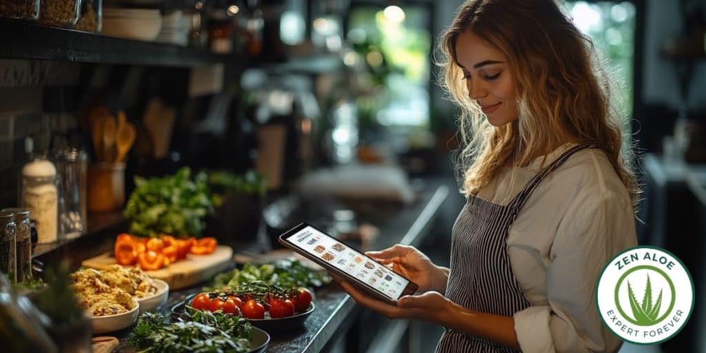 jeune femme qui planifie son menu sur une app avec un ipad