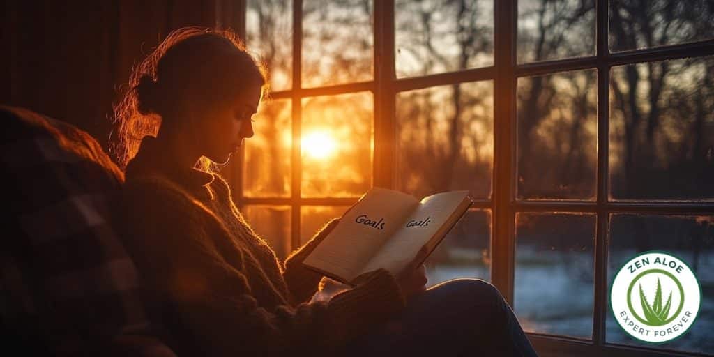 jeune femme qui tient son journal avec ecrit goal dessus